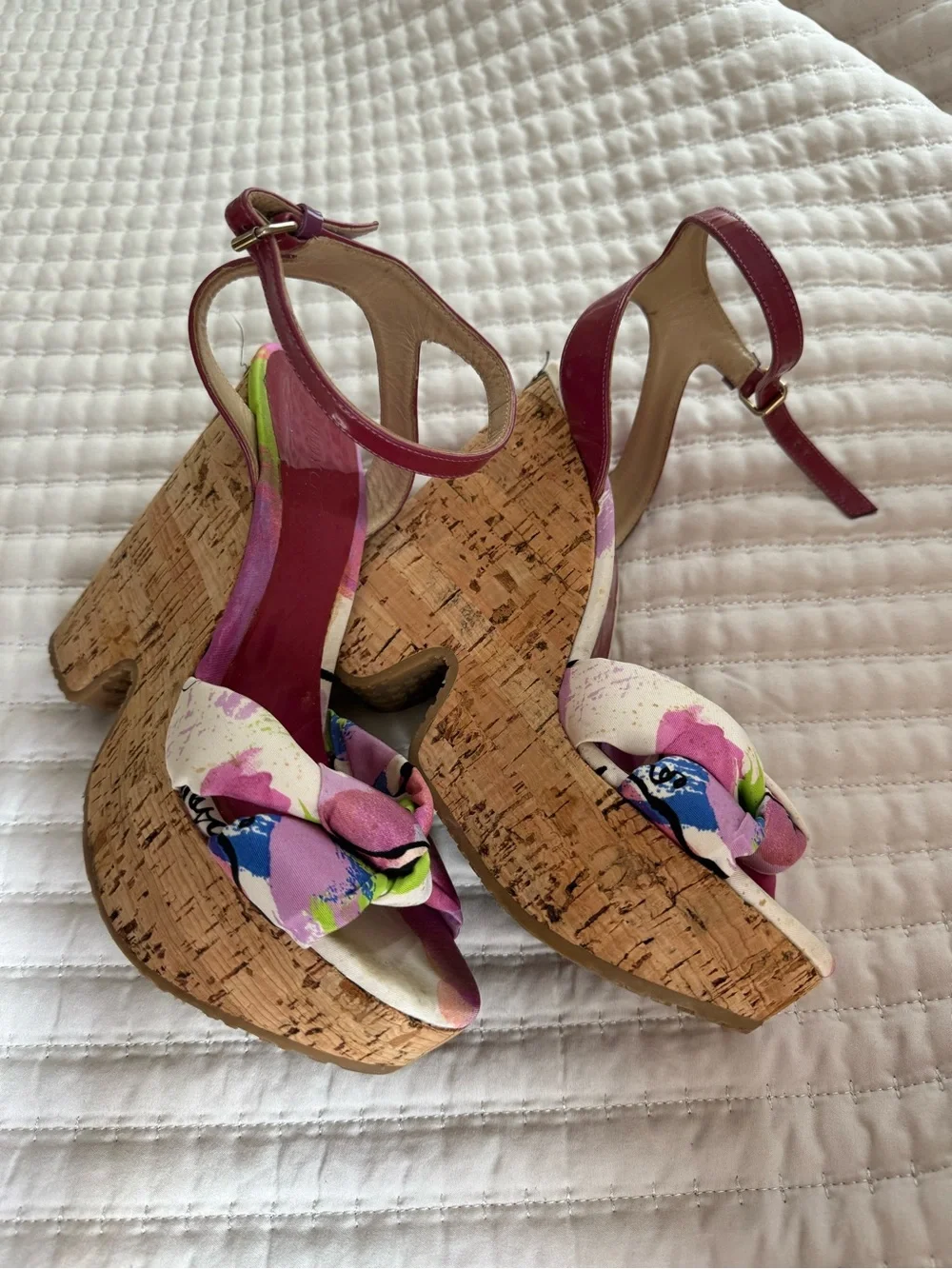 Jimmy Choo Patent Pink Platform Cork Wedge Sandals